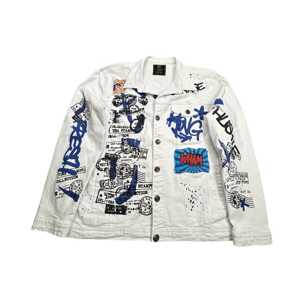 Sacred Crown Denim Jacket Mens XL White Graffiti Print Trucker WHAM Pop Art Coat